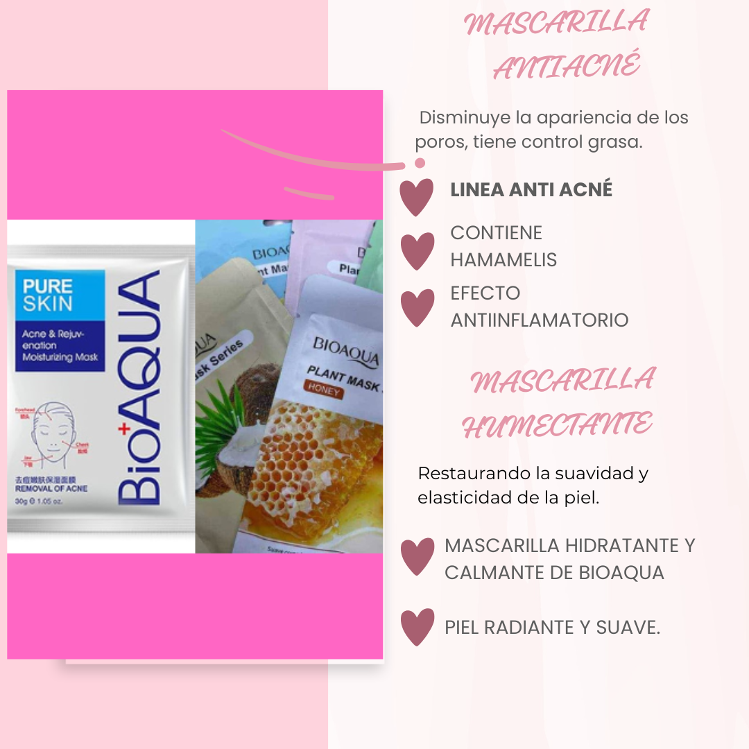 PACK - Mascarilla Facial Antiacné Bioaqua + Dos Mascarillas Hidratantes.